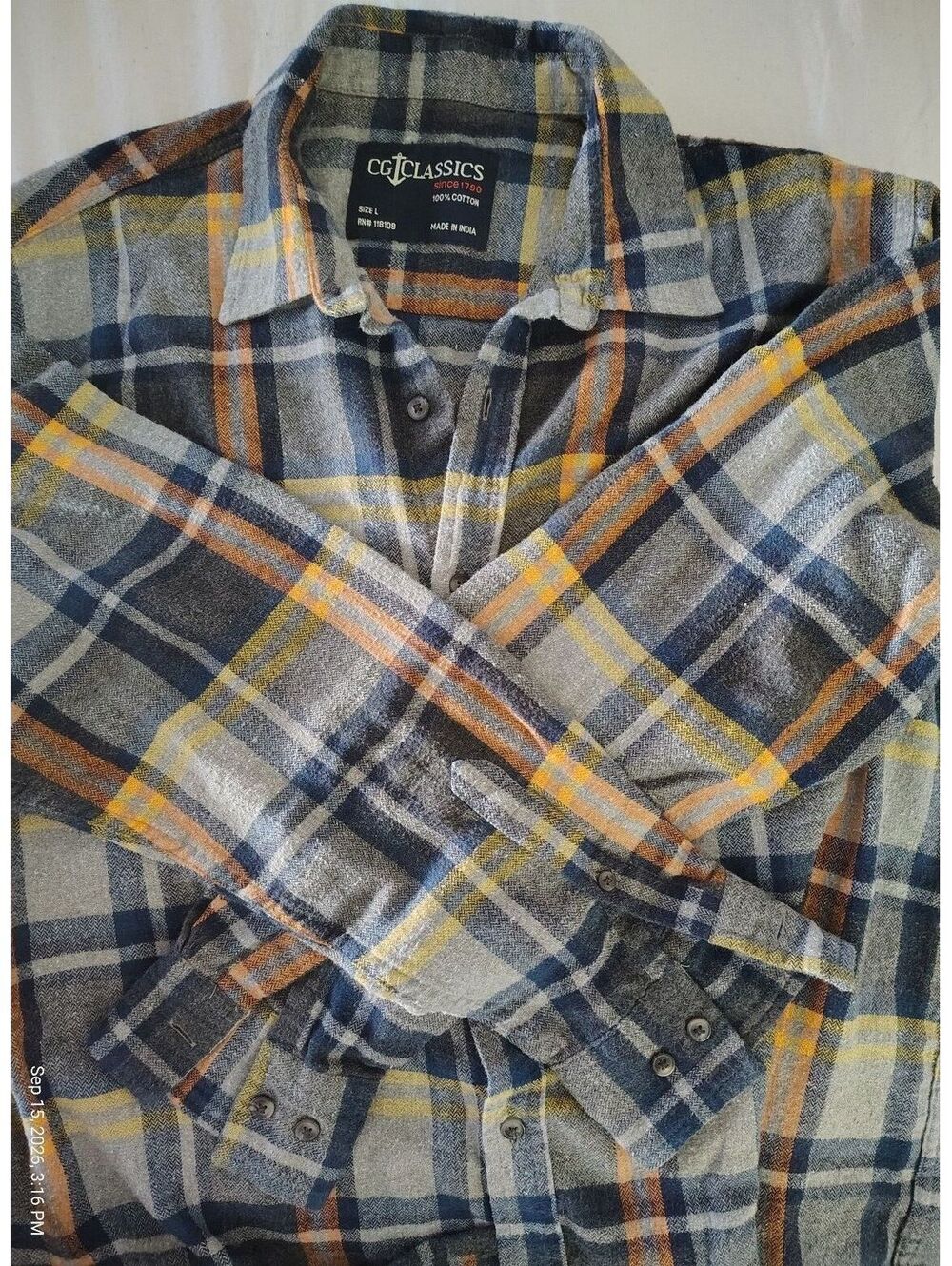 CG Classics Men's Long Sleeve Cotton Plaid Shirt Size L